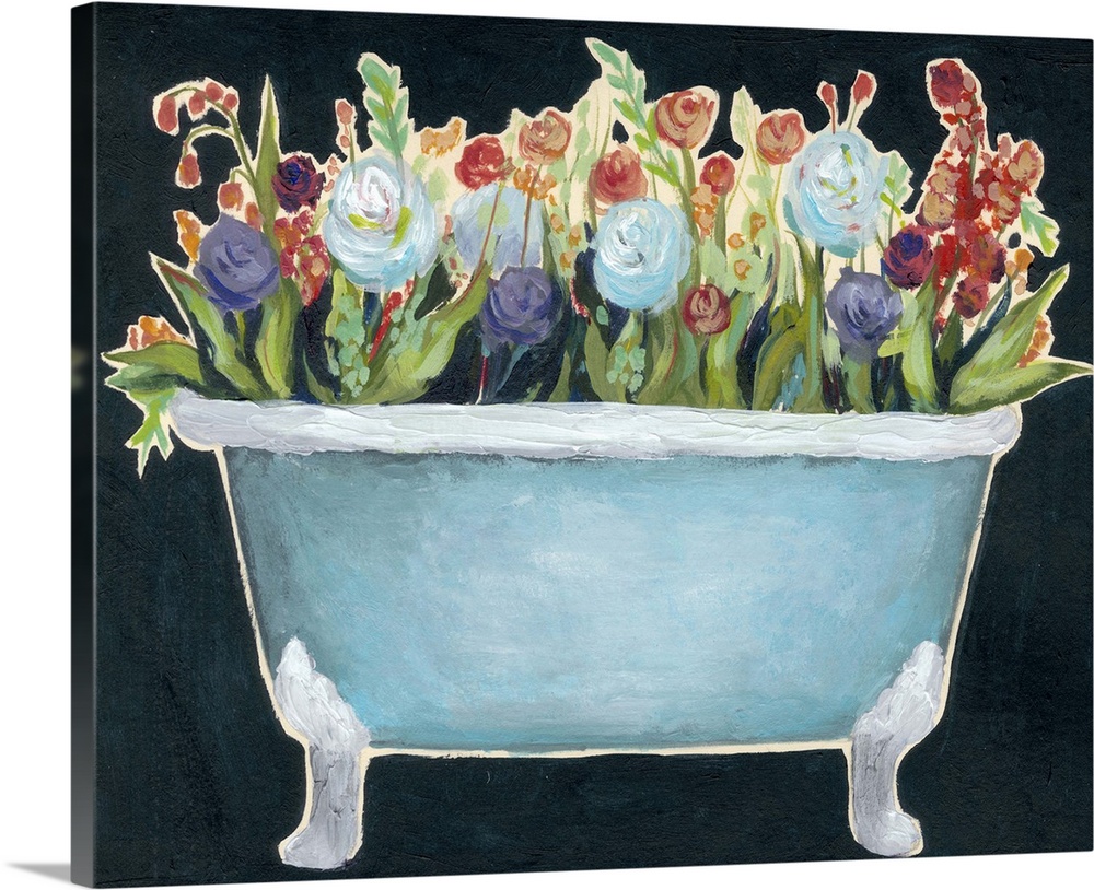 Contemporary painting of a blue bathtub filled with colorful flowers against a dark blue background.