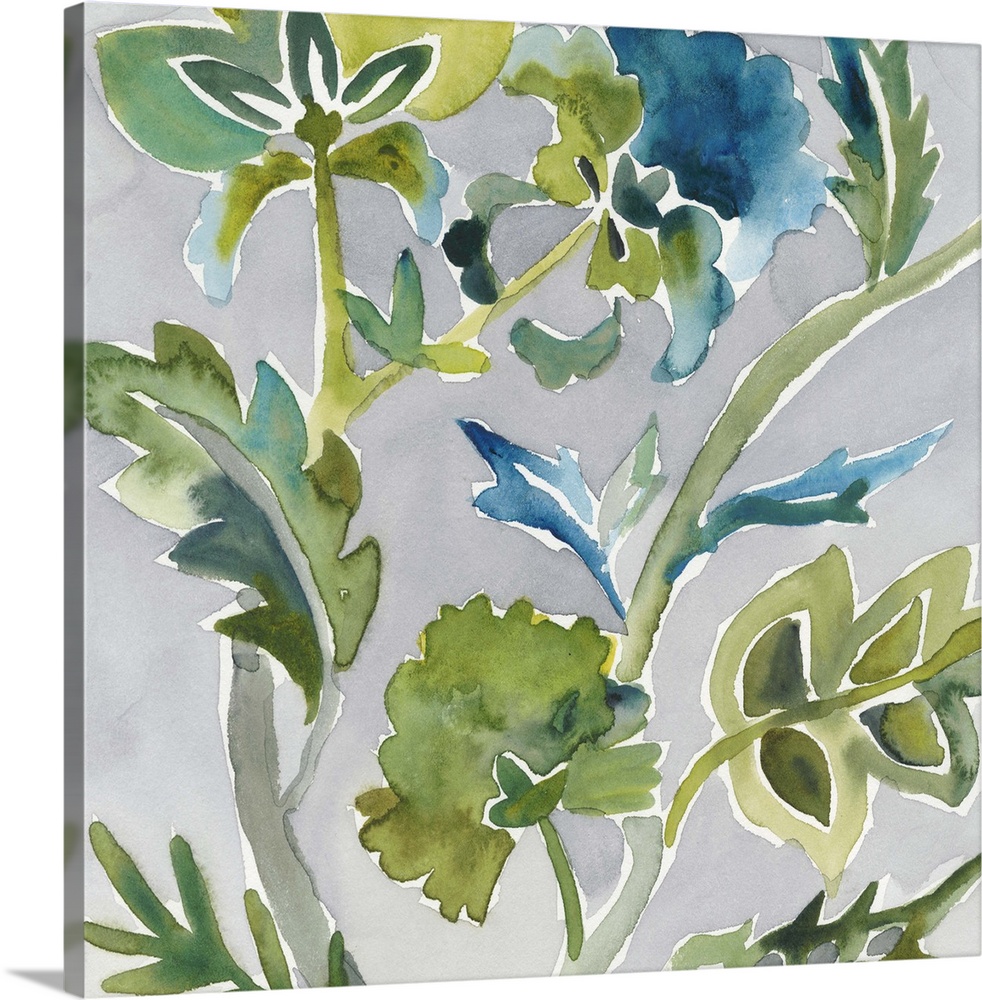 Watercolor painting of delicate vines and floral accents against a soft gray background.