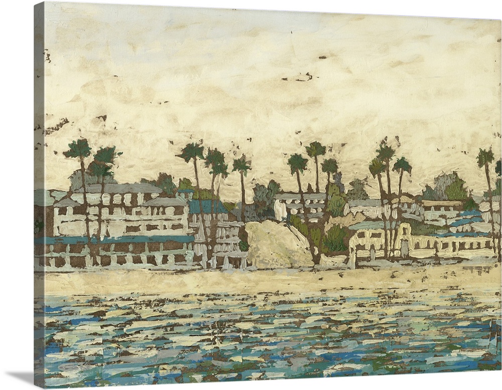 Contemporary painting of a seaside town with lots of palm trees.