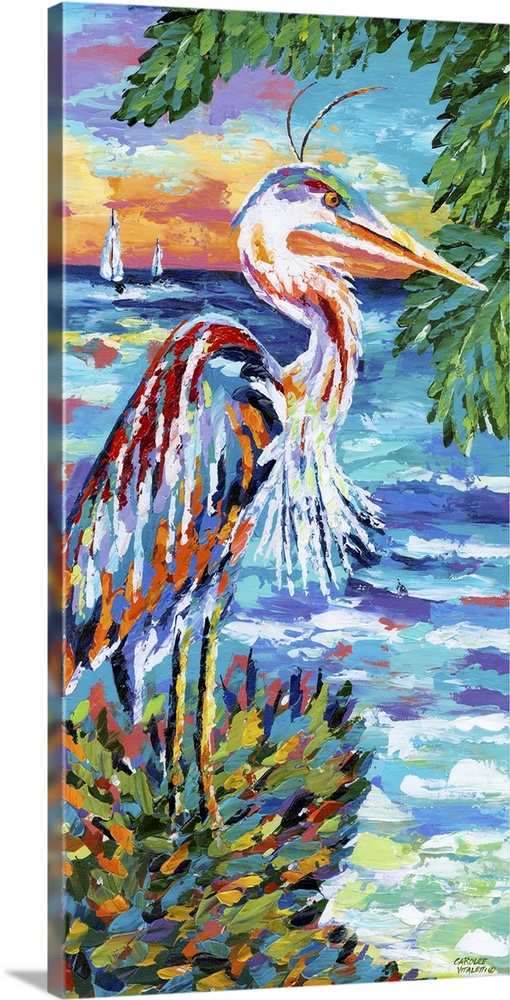 Contemporary painting of a large heron at the edge of the ocean.