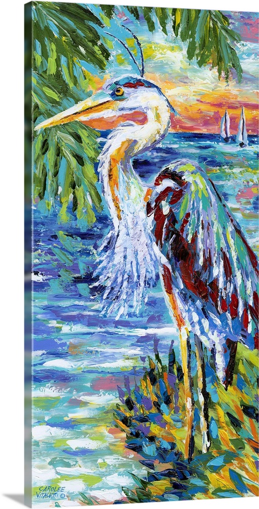 Contemporary painting of a tropical ocean scene, with a heron on the shore under a palm tree.