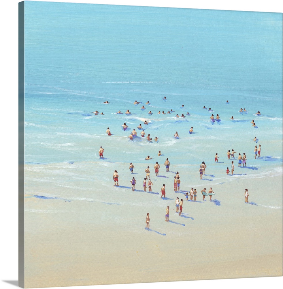 Contemporary painting of an aerial view of people on a sandy beach.