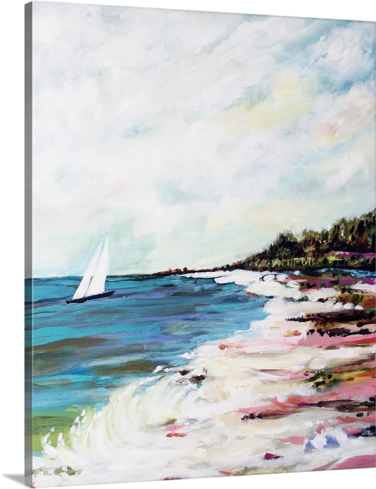 Contemporary artwork of ocean waves on the beach, with a sailboat in the distance.