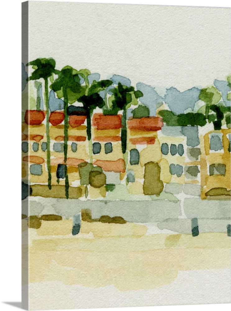 A very simple, abstracted watercolor painting of row houses and palm trees with a beach in front