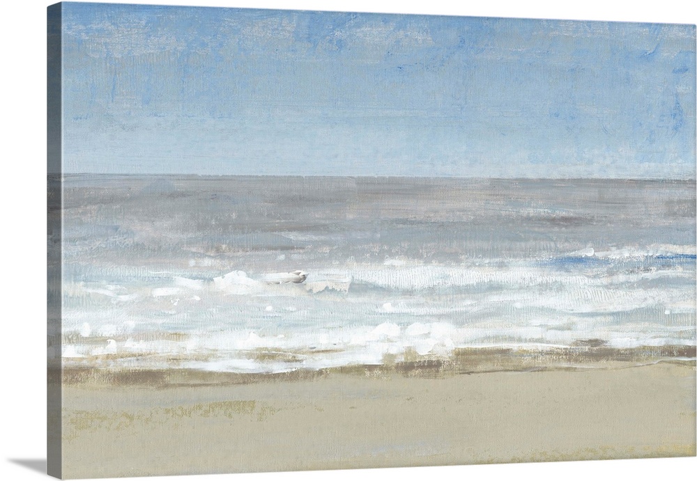 Modern seascape painting of waves on a sandy beach.