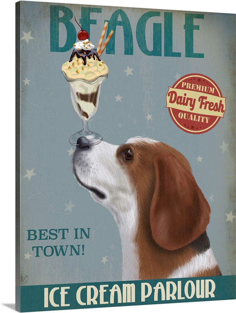 Decorative artwork of a Beagle balancing an ice cream sundae on its nose in an advertisement for an ice cream parlour.