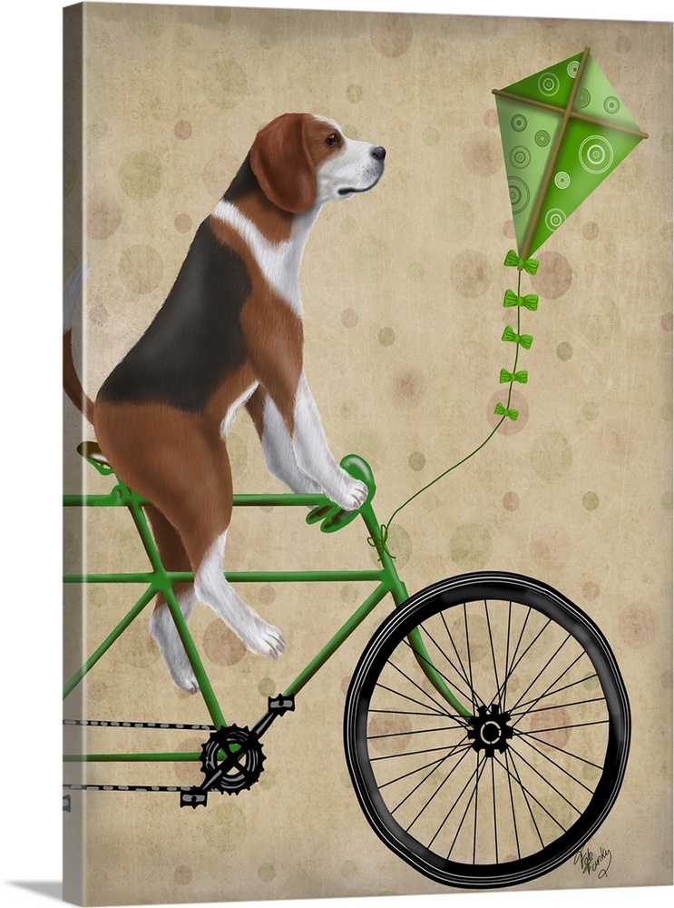 Decorative artwork of a Beagle riding on a green bicycle with a green kite attached to the front.