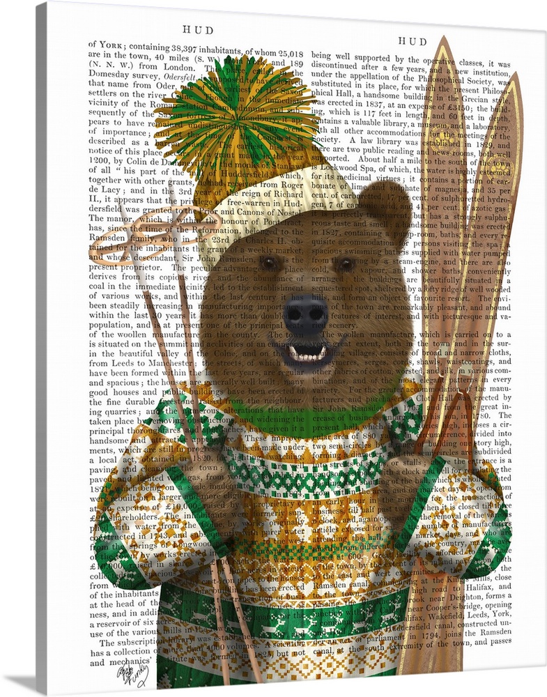 Decorative artwork of a brown bear wearing a sweater and hat while holding skis, painted on the page of a book.