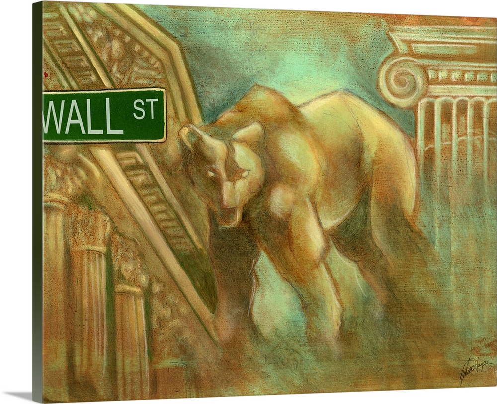 Horizontal artwork for an office of a large, illustrated bear, glaring as he stands in front of part of the New York Stock...