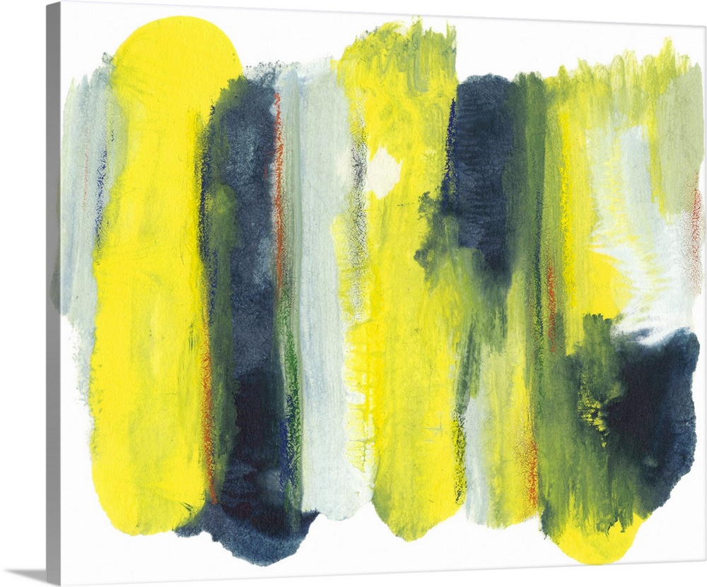 Contemporary abstract artwork of vertical bands of bright yellow contrasting with dark blue-green.