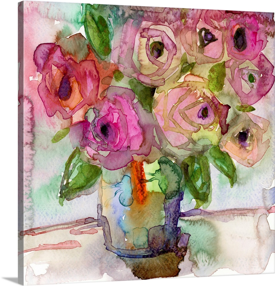 A very bright, contemporary ink painting of full bloom roses in a vase - the style is very loose and abstracted.