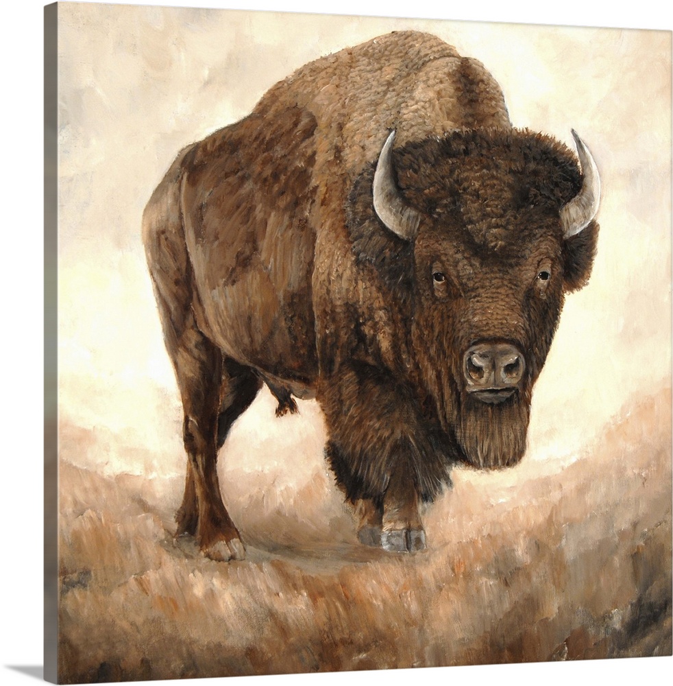 Contemporary painting of a majestic American bison standing in a prairie.