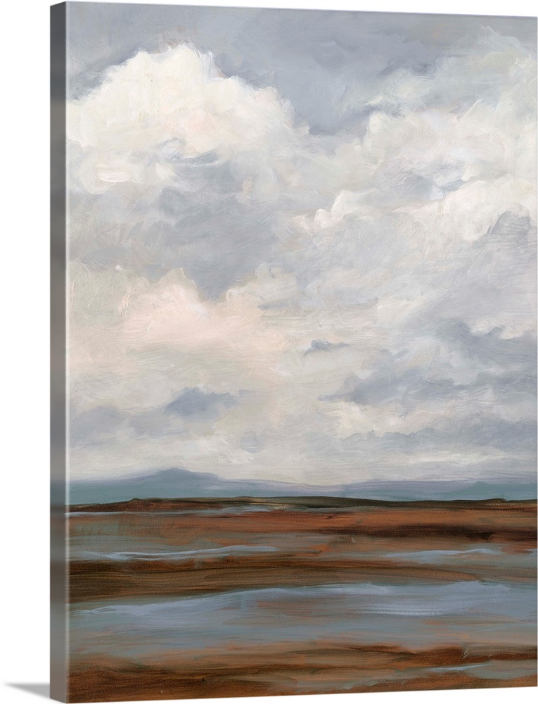 Contemporary landscape painting with a sky filled with clouds.