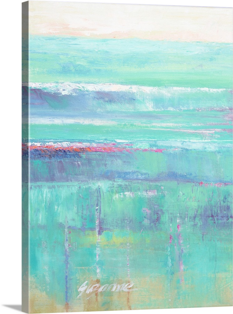 Contemporary artwork of an abstract seascape in tropical turquoise and pink colors.