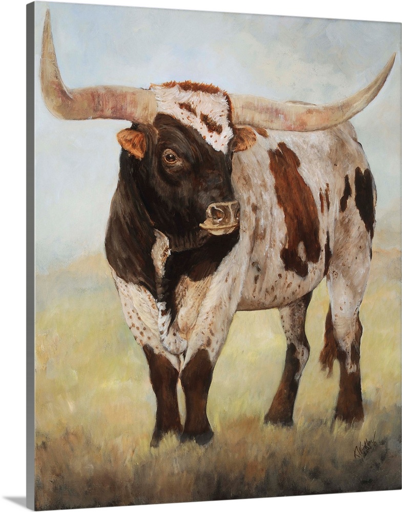 Horizontal contemporary artwork of a longhorn cow grazing on a field in cool tones.
