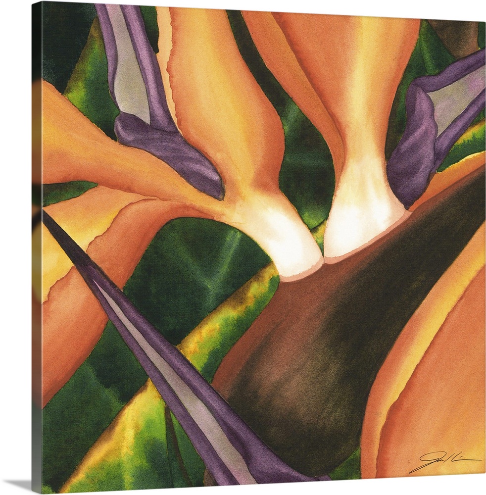 A contemporary painting of a close-up of a group of birds of paradise flowers.