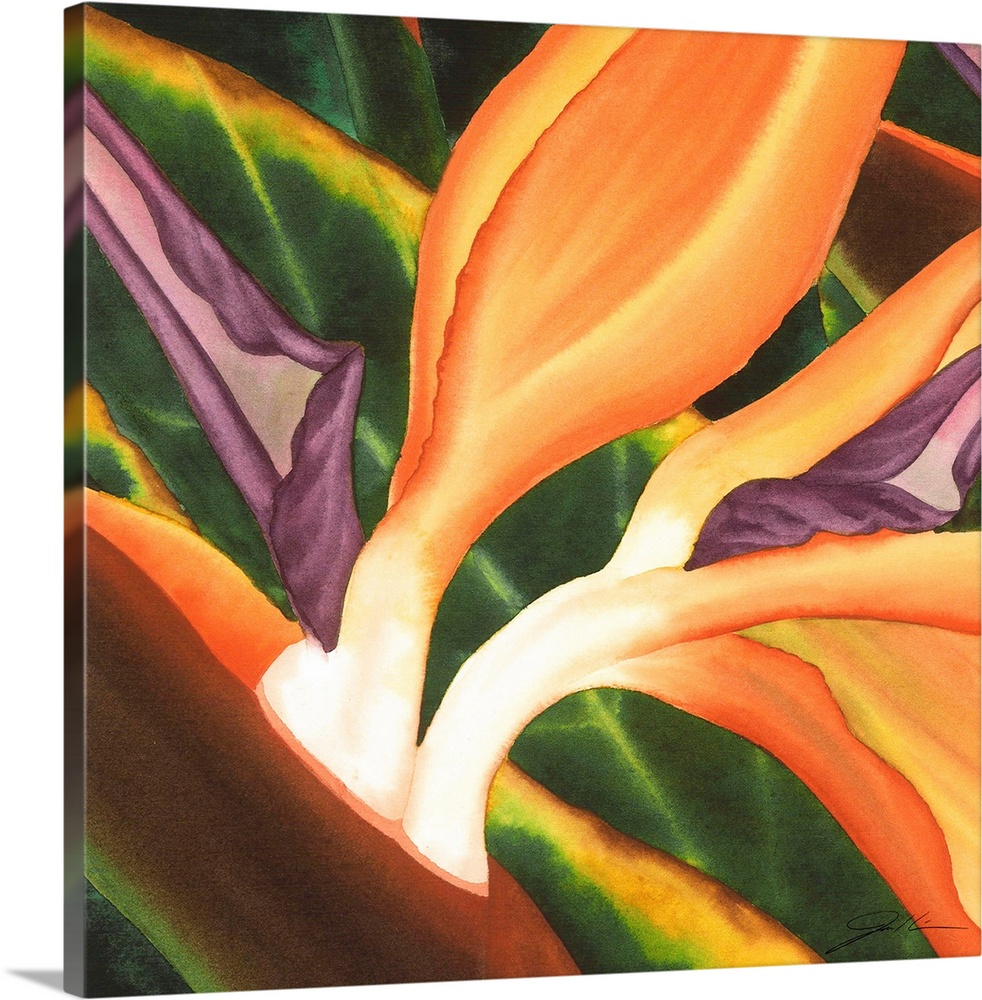 A contemporary painting of a close-up of a group of birds of paradise flowers.