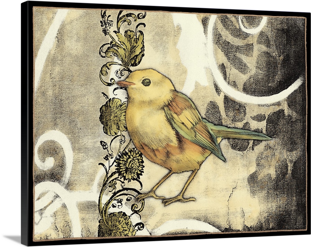 Contemporary home decor artwork of a yellow garden bird.