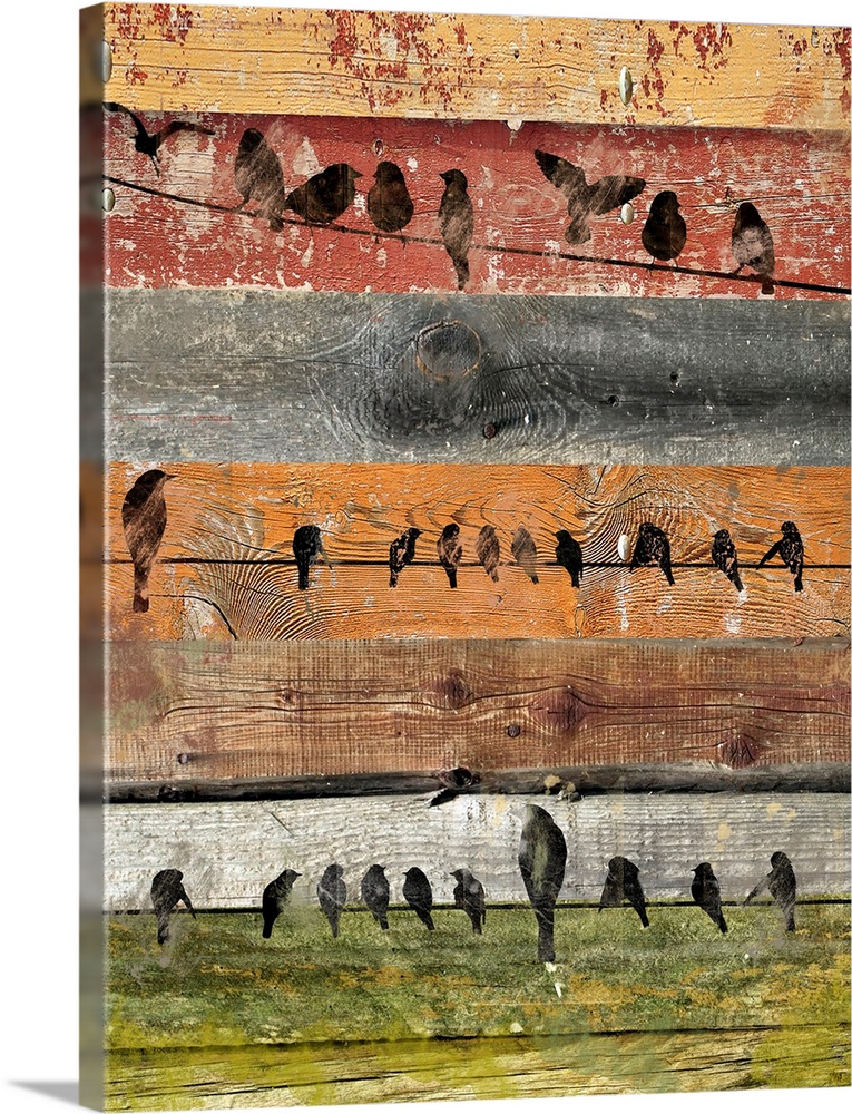 Decorative art with black silhouetted birds perched on wires running across colorful, distressed, faux wooden planks.