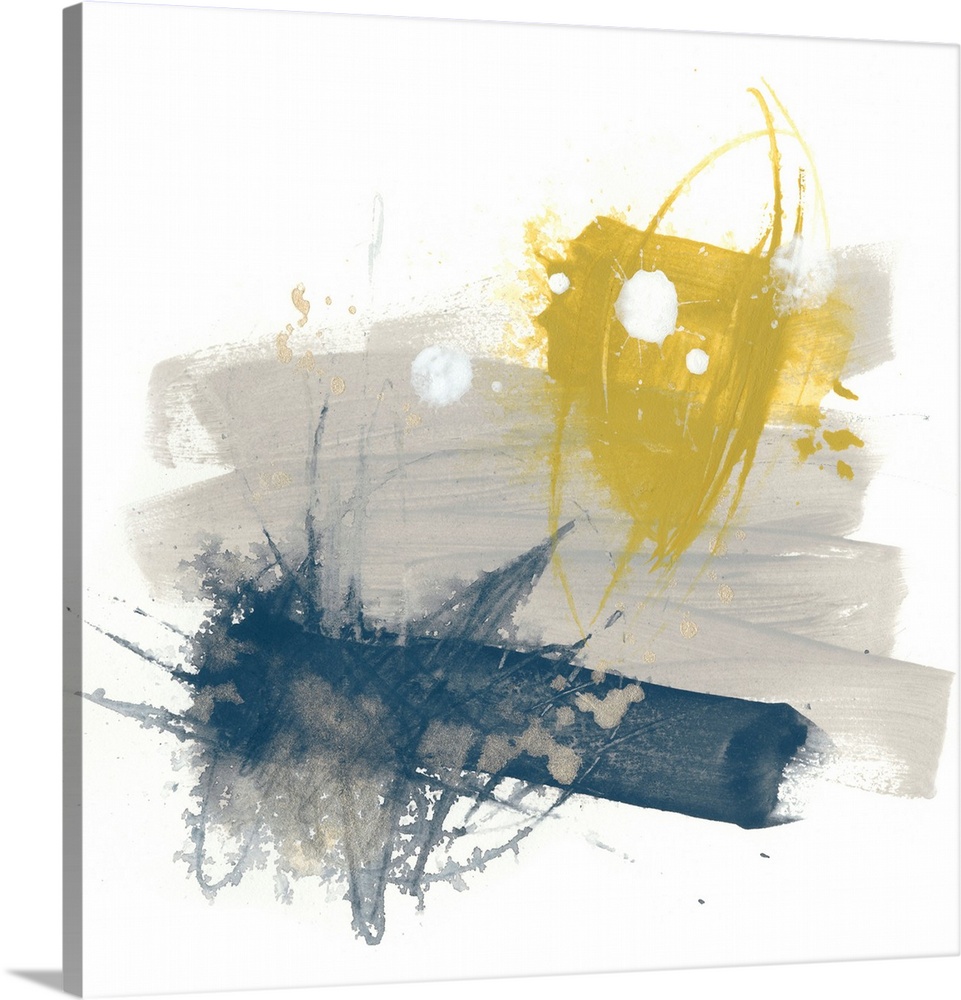 Abstract art on a square canvas with yellow, grey, and navy blue paint splatters.