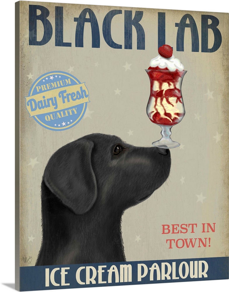 Decorative artwork of a Black Lab balancing an ice cream sundae on its nose in an advertisement for an ice cream parlour.