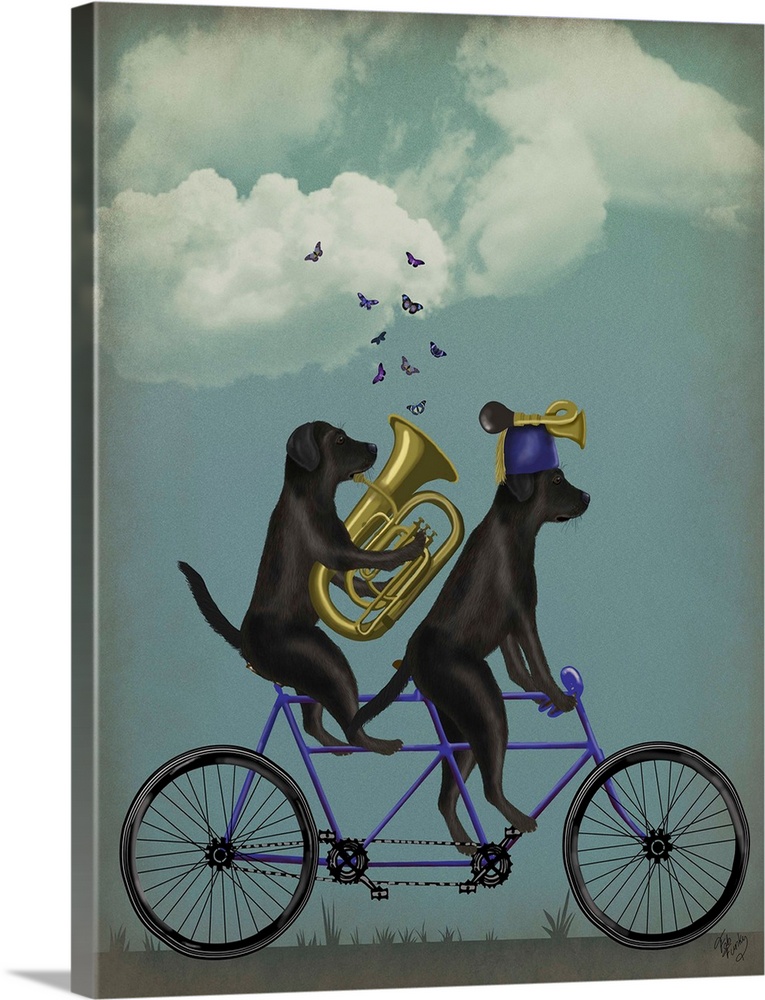 Decorative artwork of two Black Labradors riding on a blue tandem bicycle with brass instruments and butterflies.