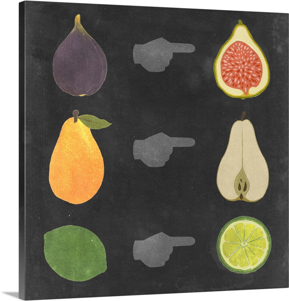 Contemporary artwork of fruits and their halves in chalkboard style.