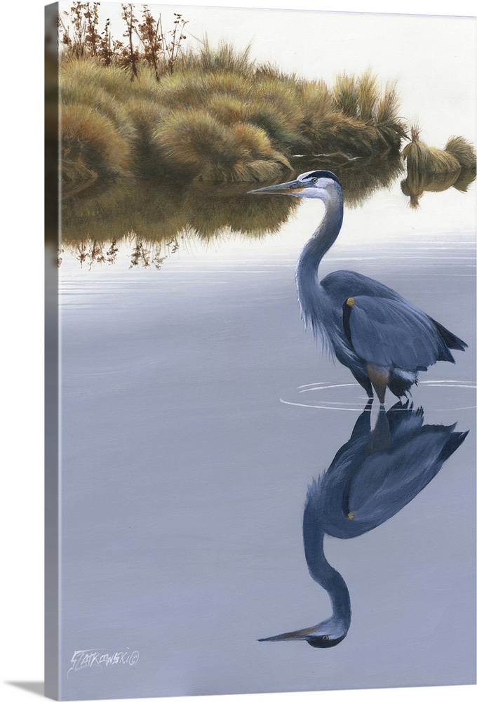 Contemporary painting of a heron standing in still water.