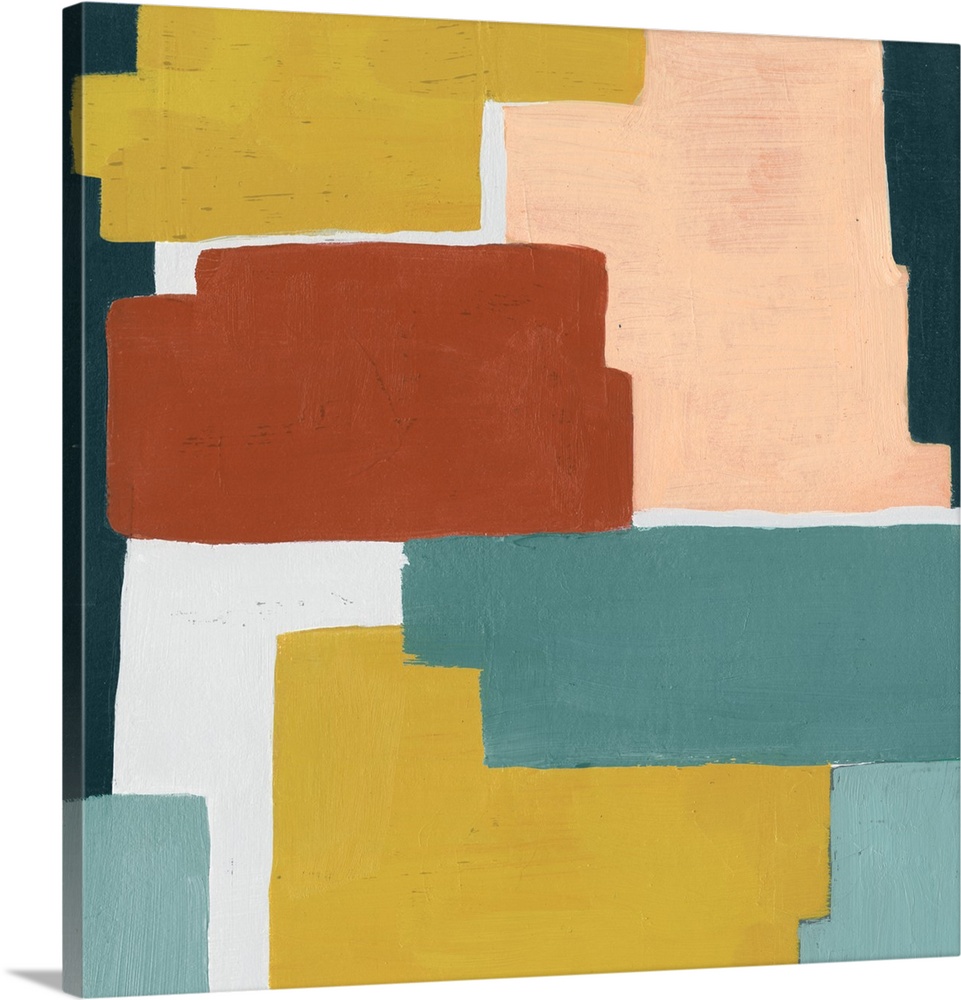 Contemporary artwork featuring blocks of color in shades of orange, yellow and blue-green.