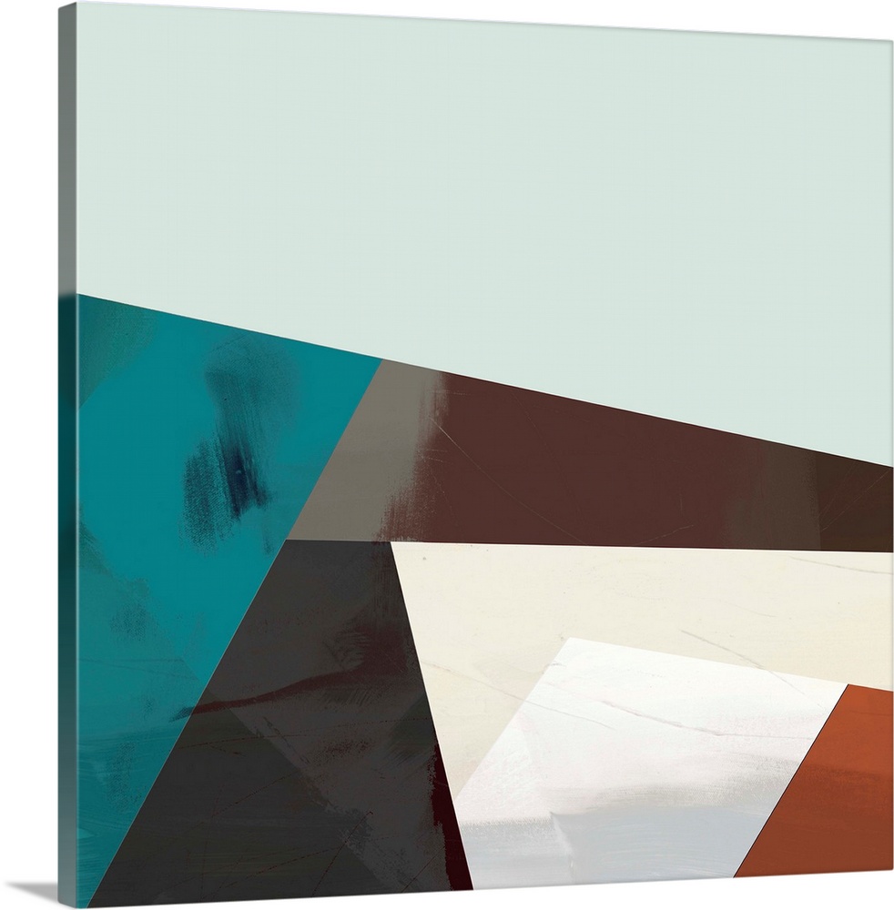 Modern abstract artwork of angular shapes in brown, red, and teal.
