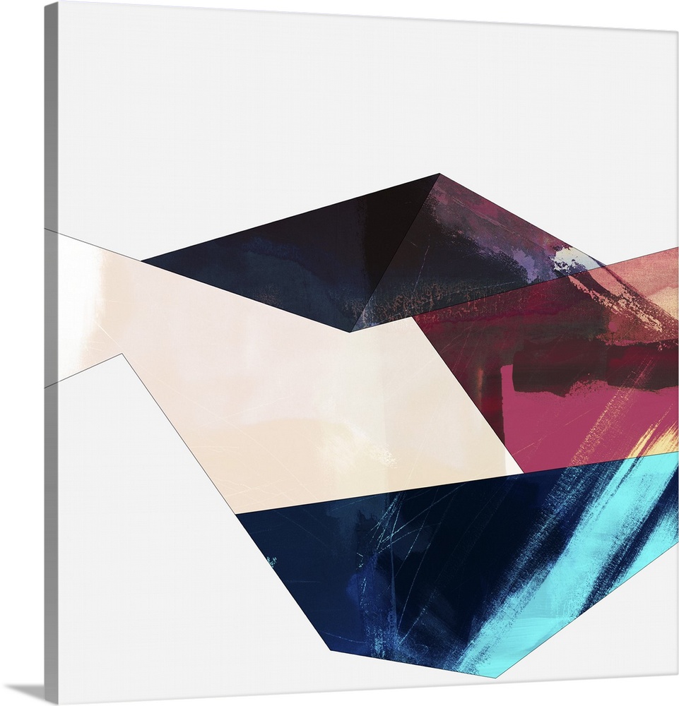 Modern abstract artwork of angular shapes in brown, red, and teal.