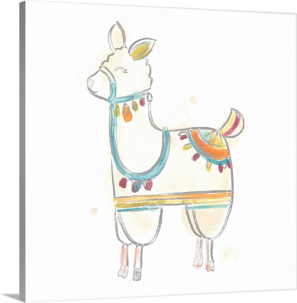 This decorative artwork features an adorable llama painted with a colorful saddle and reins against a white background.
