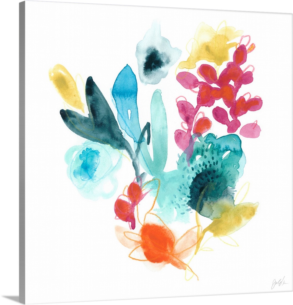 Watercolor painting of an assortment of flowers and leaves.