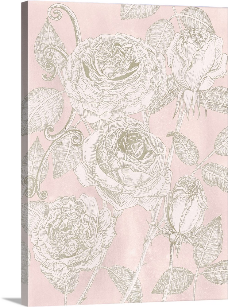 This decorative artwork features illustrated roses in subdued beige and white over a soft pink background.