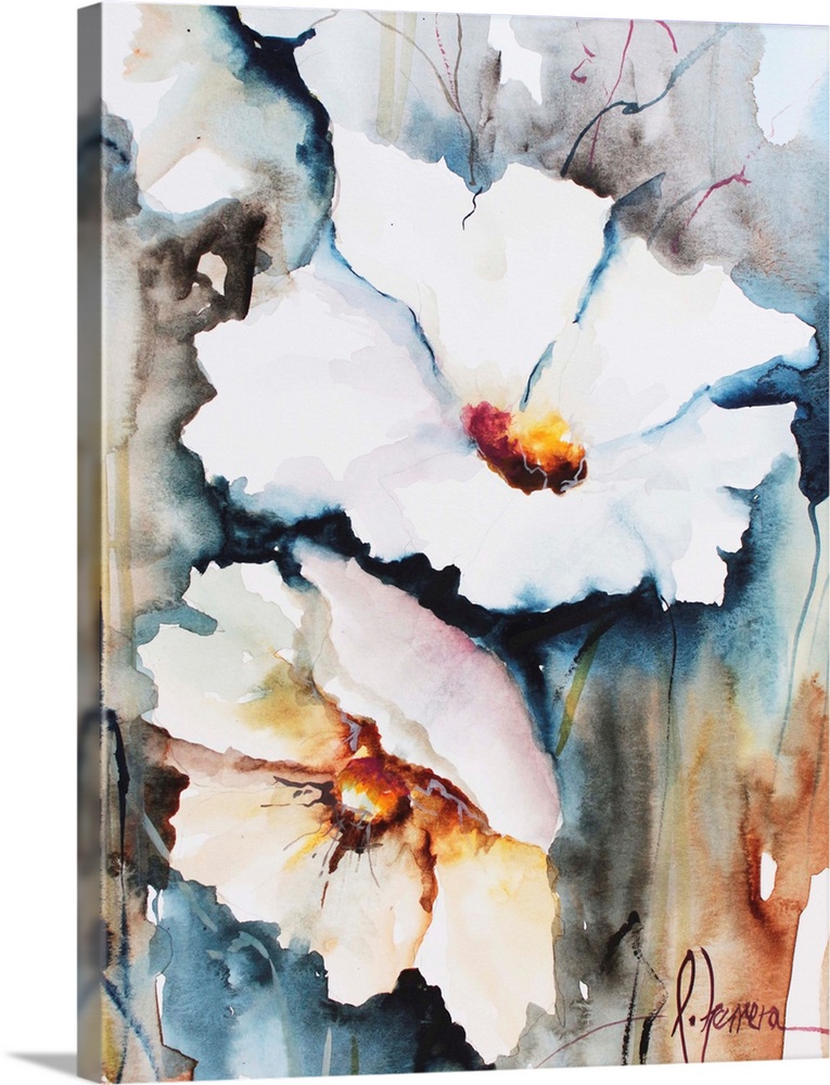 Watercolor painting of white flowers against a colorful background.