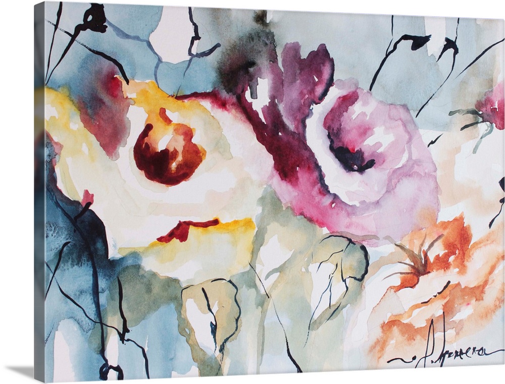 Watercolor painting of a flowers against a colorful background.