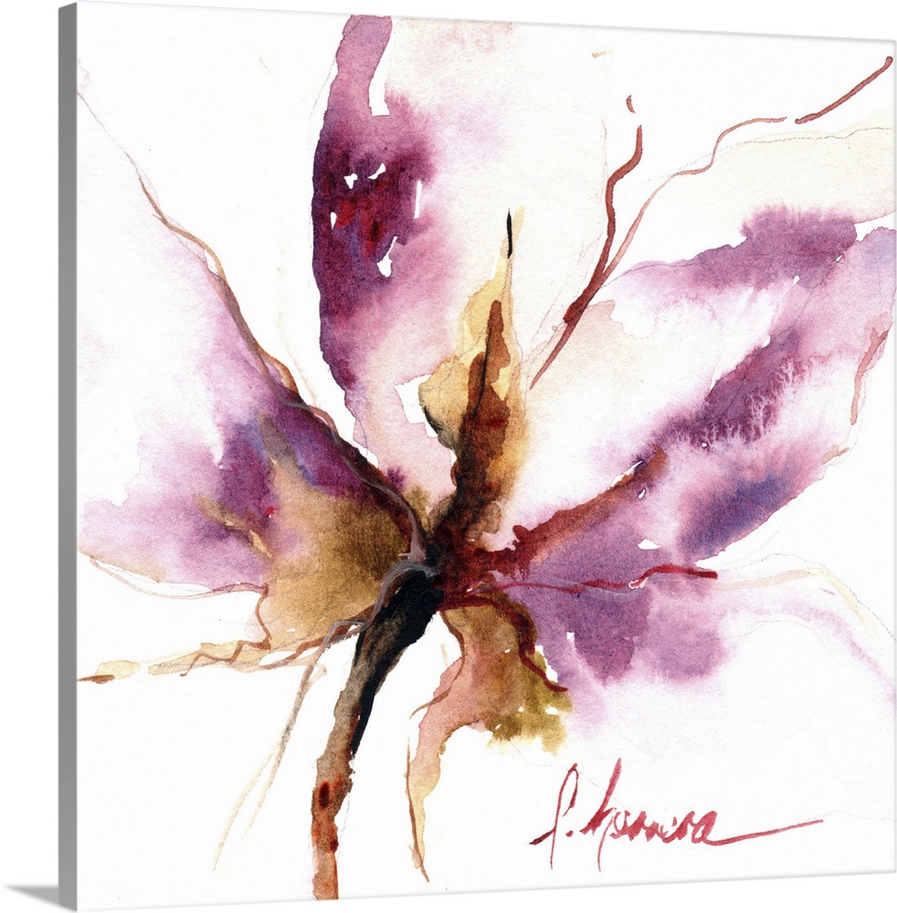 Contemporary watercolor painting of an abstract floral against a white background.