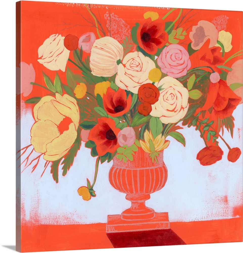 Contemporary still life of a vase of flowers in vibrant red hues.