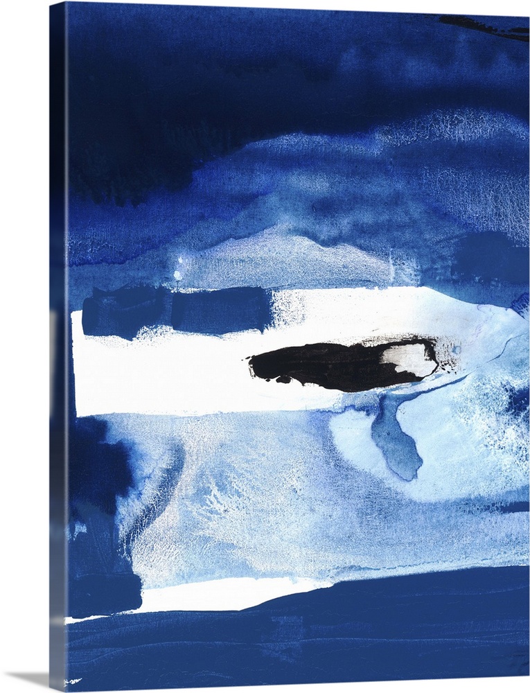 Abstract painting in dark navy blue contrasting with white.