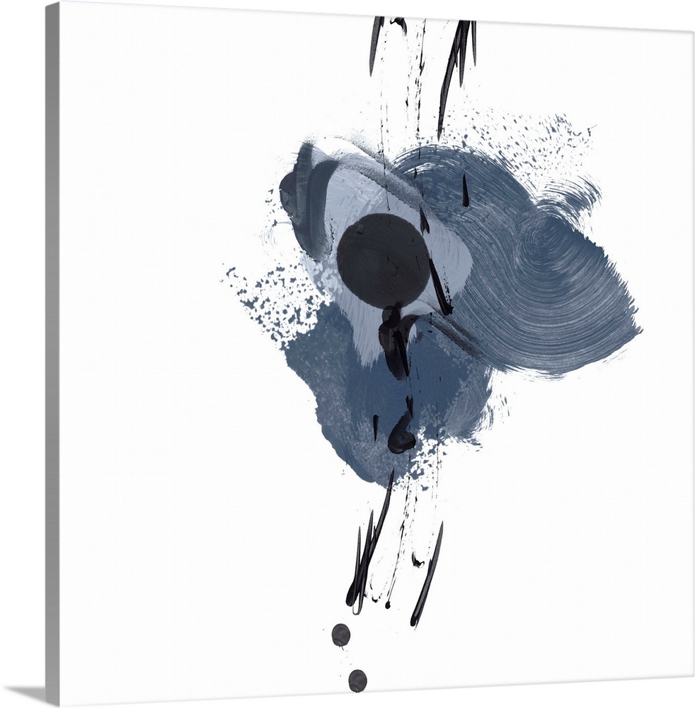 This expressive abstract painting features black paint splatters over broad brush strokes in shades of blue against a whit...