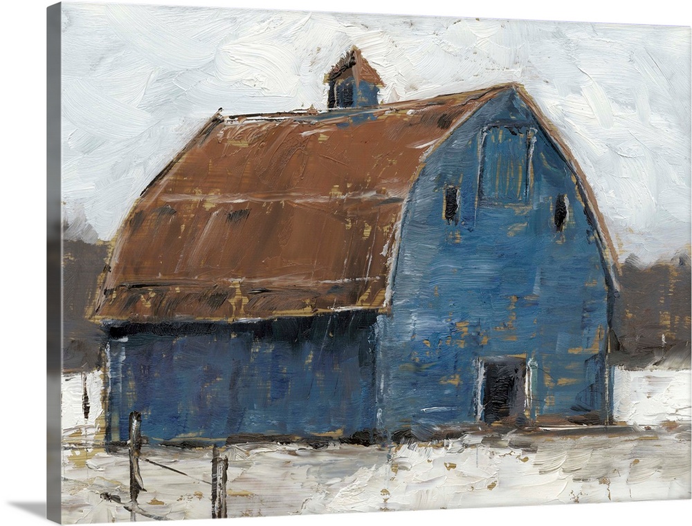 A cool, wintery image of a large denim-blue barn with a rusty brown roof on snowy ground under a sky filled with thick clo...