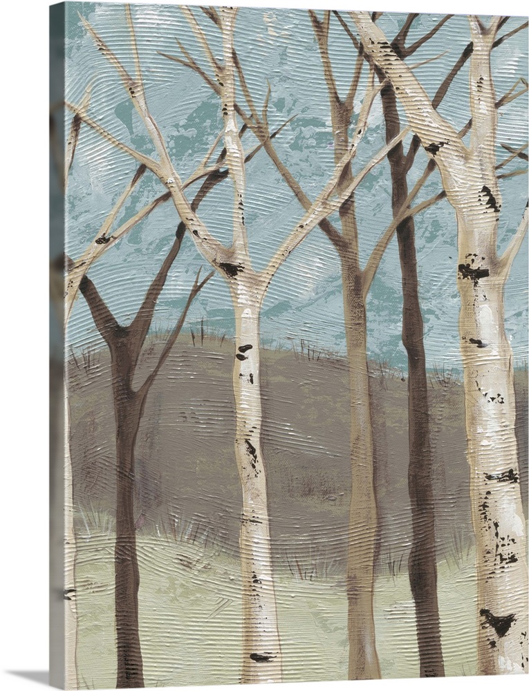 Contemporary painting of bare branched birch trees against a blue and brown background.
