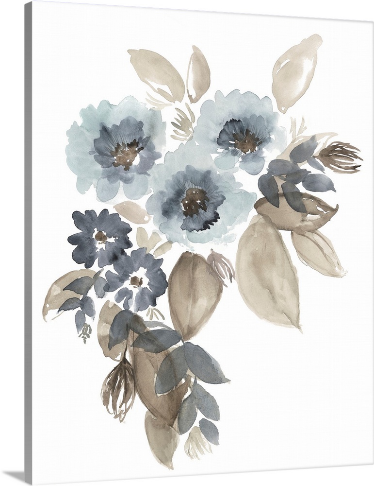 A simple, loose watercolor floral image in complimentary shades of pale, inky blue and warm taupe.