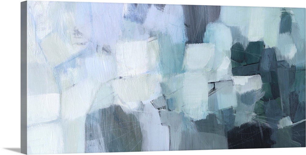 A blocky, horizontal abstract image in seaglass shades of aqua, pale grey, light blue and dark teal. It would sit perfectl...