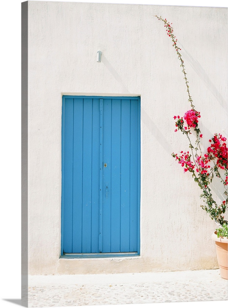 Photograph of a simple, rustic blue door in a mediterranean building, with a planter of tall pink flowers to one side.