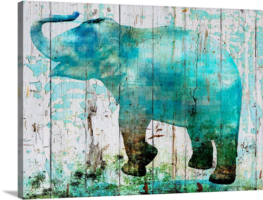 Decorative art featuring a blue silhouette of an elephant over wood boards that are cracking and chipping.