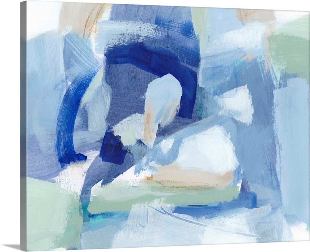 Contemporary painting of organic forms in shades of blue and white.