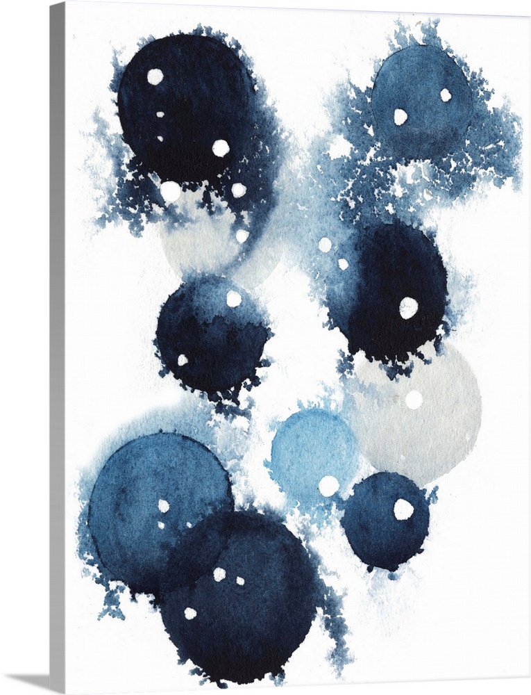 Contemporary abstract artwork of blue globular shapes with bleed stretching out into empty space.