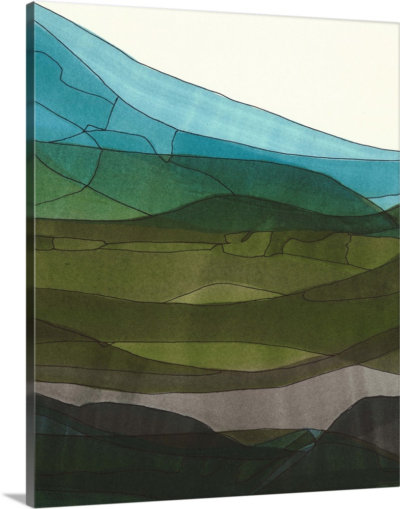 Contemporary abstract painting resembling a mountainous valley made of different color sheets.