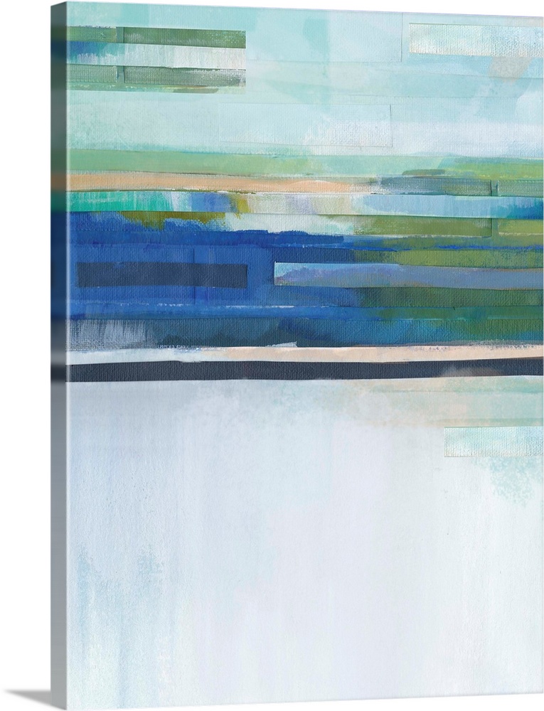 Abstract painting in blue, green, and nude hues with layered lines at the top.